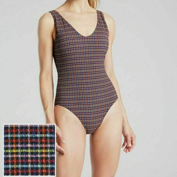 🏷️NWT ATHLETA Seersucker V-Neck One Piece Swimsuit Multi-color sz S - NWT🏷️ - Picture 1 of 7